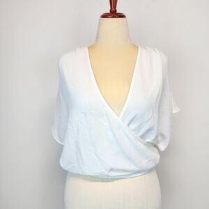 Zara Crossover Blouse Top Size L White Short Sleeve Pullover V-neck Flowy Chic